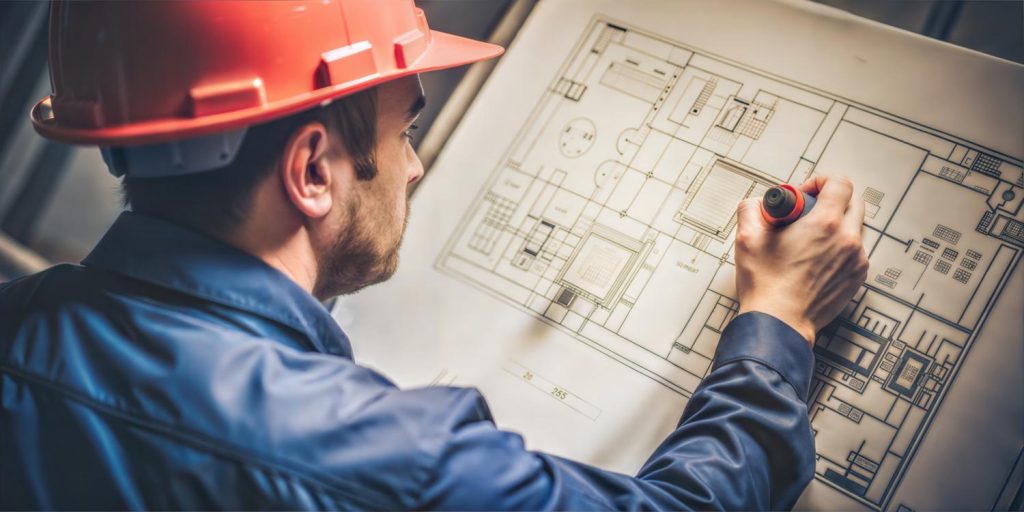 Male engineer wearing a blue shirt and orange hard hat drawing on a fire systems design plan