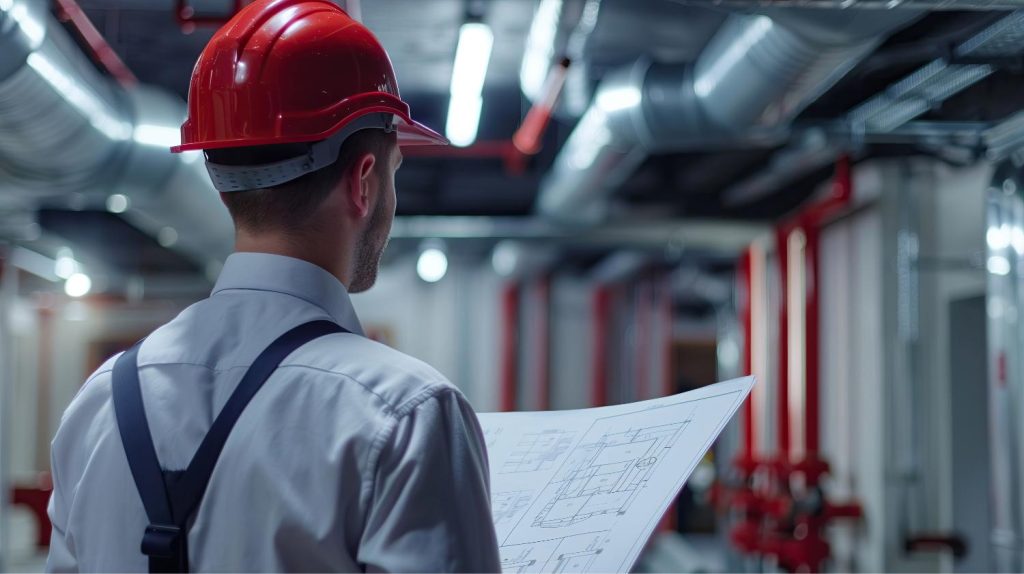 Male engineer wearing a red hard hat reviewing a fire systems design plan